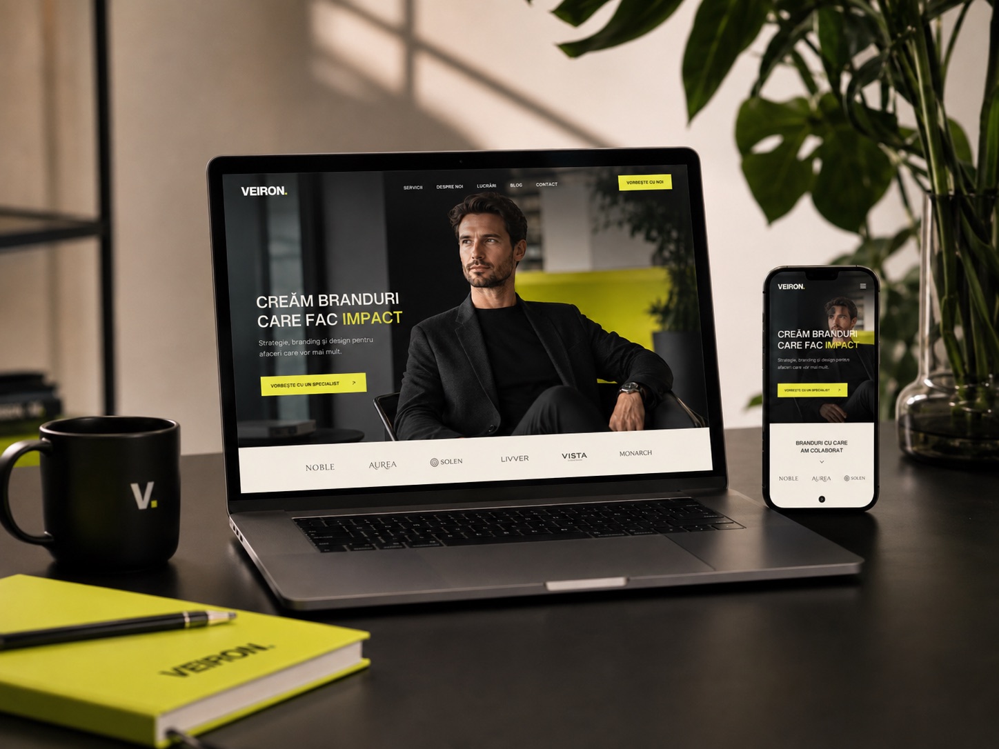 Mockup demonstrativ de website VEIRON pe laptop și telefon